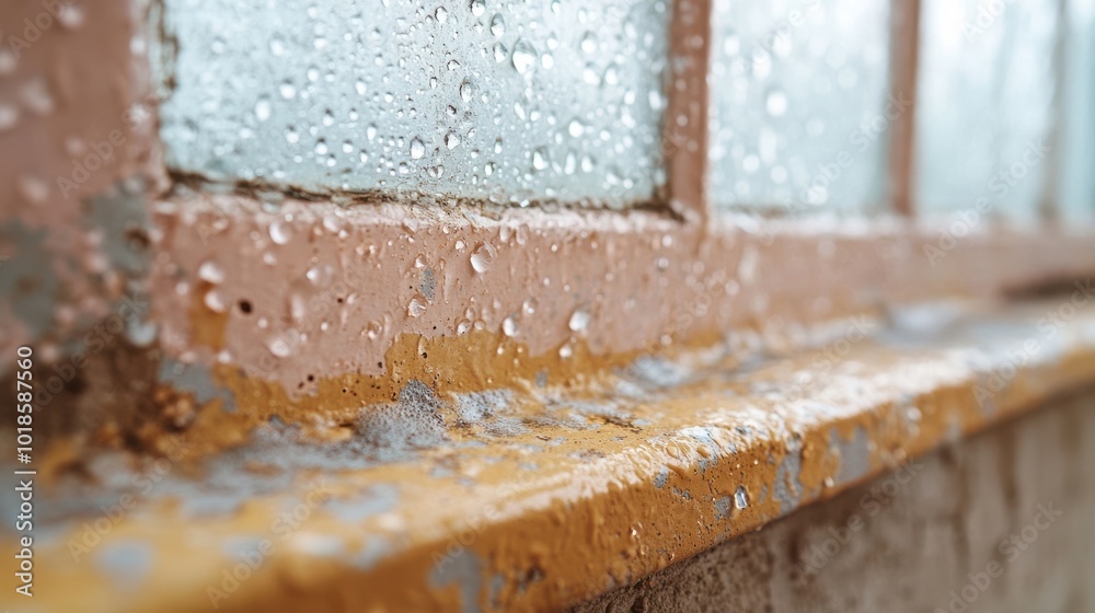 Close Up of Rain Drops on a Windowsill with Chipped Paint Close Up of Rain Drops on a Windowsill with Chipped Paint
