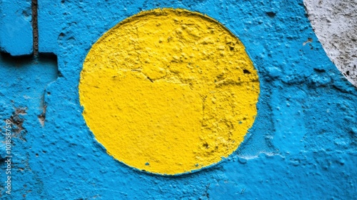 The bright yellow circle stands out against the rich blue wall, creating a striking visual effect. The textured surface adds depth, showcasing the creativity of urban art photo