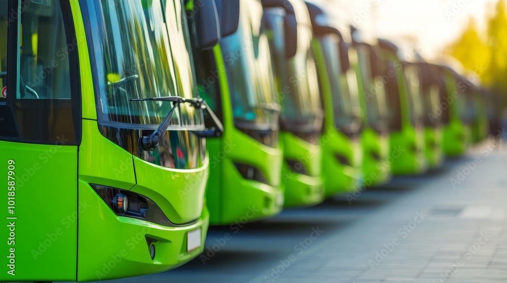 A row of green buses parked neatly, showcasing their modern design and vibrant color against a blurred background. A row of green buses parked neatly, showcasing their modern design and vibrant color against a blurred background.