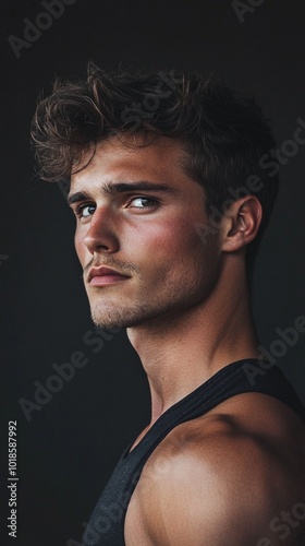 Striking portrait of a young man with chiseled features and tousled dark hair, gazing intensely against a dark background. His strong jawline and tank top hint at athleticism.