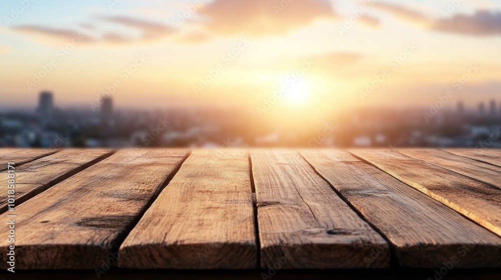 A stunning sunset casts a warm glow over a city skyline, viewed from a wooden balcony that enhances the tranquil atmosphere of the moment A stunning sunset casts a warm glow over a city skyline, viewed from a wooden balcony that enhances the tranquil atmosphere of the moment