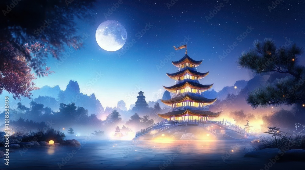 A beautifully lit Chinese pagoda at night, with its tiers glowing against a dark sky, set in a peaceful park. A beautifully lit Chinese pagoda at night, with its tiers glowing against a dark sky, set in a peaceful park.