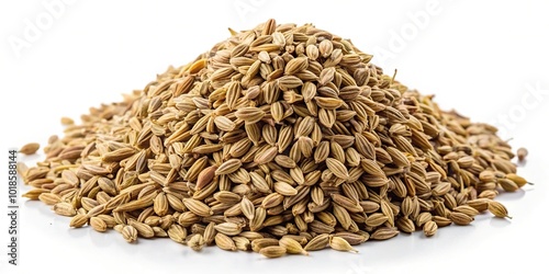 Ajwain or Trachyspermum ammi caraway herb spice seeds on white background Forced Perspective photo