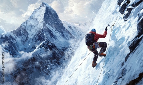 Climber scales icy mountain with ropes.