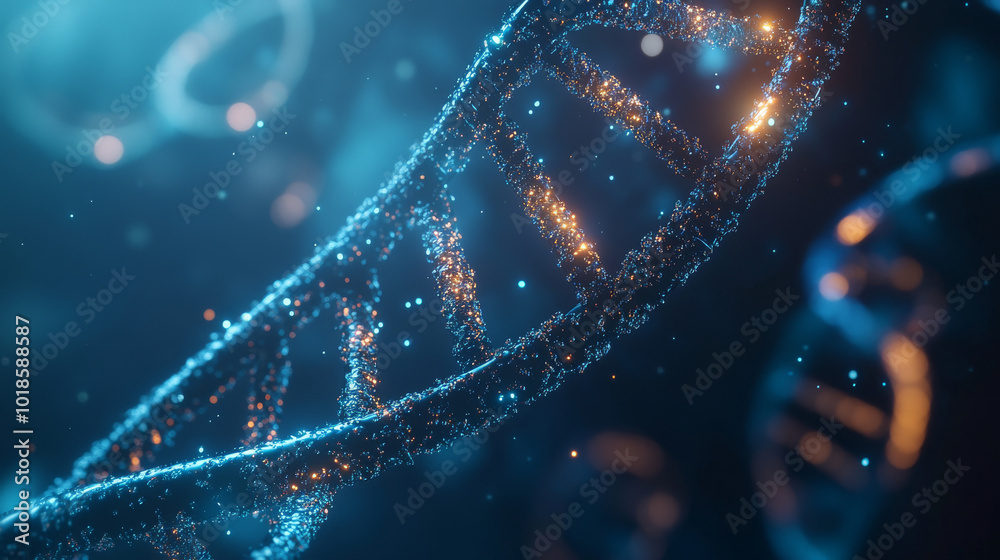 A glowing DNA strand, representing the building blocks of life, against a dark blue background. This futuristic image is perfect for showcasing scientific concepts like nanotechnology. A glowing DNA strand, representing the building blocks of life, against a dark blue background. This futuristic image is perfect for showcasing scientific concepts like nanotechnology.