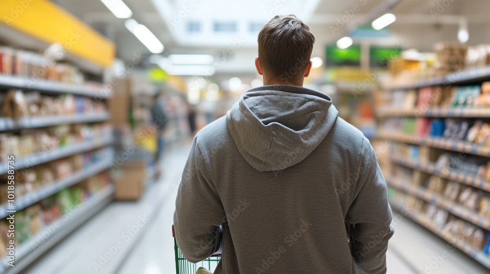 A person wearing a hoodie is seen from behind, inspecting products on the shelves of a supermarket during the afternoon, focusing on their grocery shopping A person wearing a hoodie is seen from behind, inspecting products on the shelves of a supermarket during the afternoon, focusing on their grocery shopping