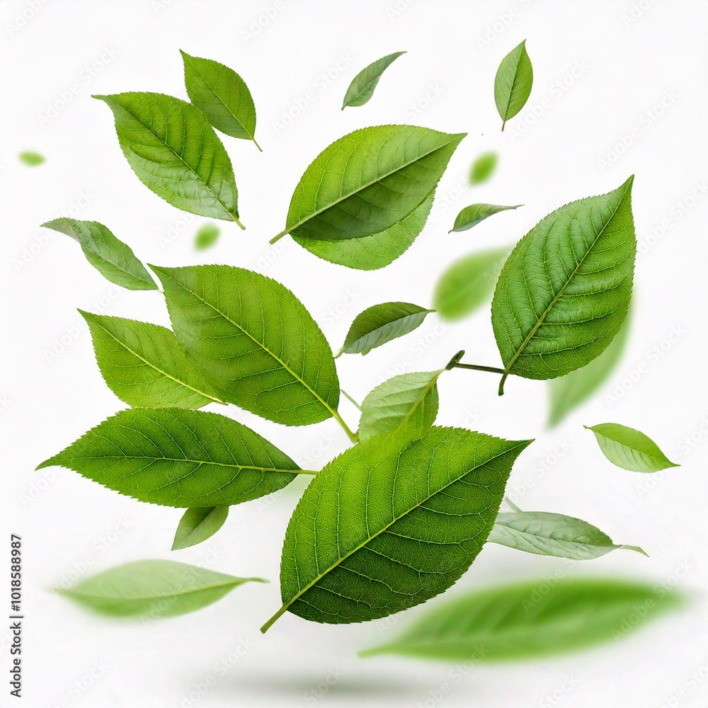 Fototapeta premium Flying Green Leaves Isolated on White Background