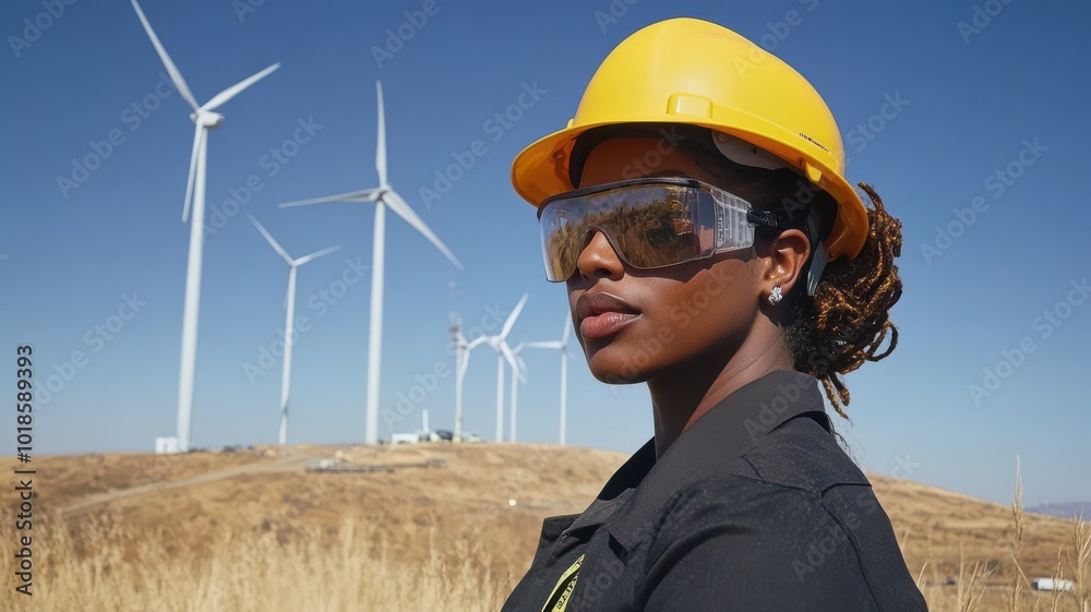 Female engineer in safety gear stands before wind turbines in a rural landscape. Female engineer in safety gear stands before wind turbines in a rural landscape.
