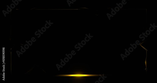Golden curved frame with glowing gold line. Yellow broken rectangle illuminated by 3d render luminous line moving along perimeter for design of effective electric led shows