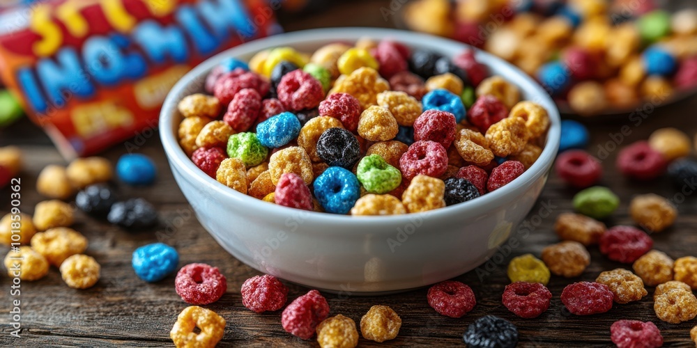 Colorful Cereal in a Bowl with a Wooden Background