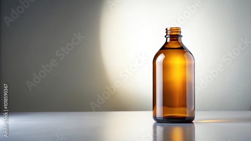 Amber glass bottle with blank label on white surface in natural light