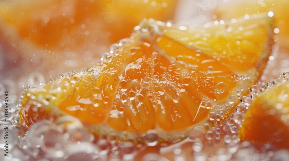 Detailed view of a translucent natsu mikan slice, calming peach background, water droplets, frosted glass blur, fresh and vibrant composition. Detailed view of a translucent natsu mikan slice, calming peach background, water droplets, frosted glass blur, fresh and vibrant composition.