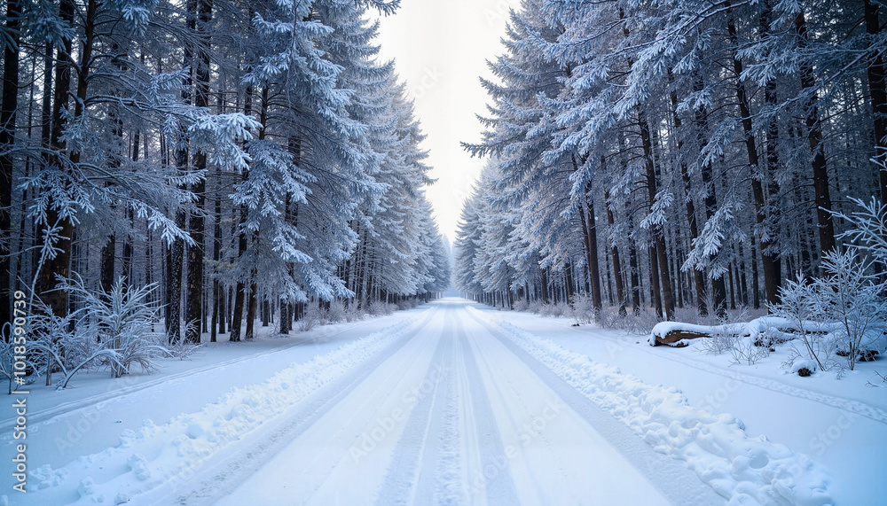 Obraz premium Snowy winter road through a forest with tall trees covered in snow