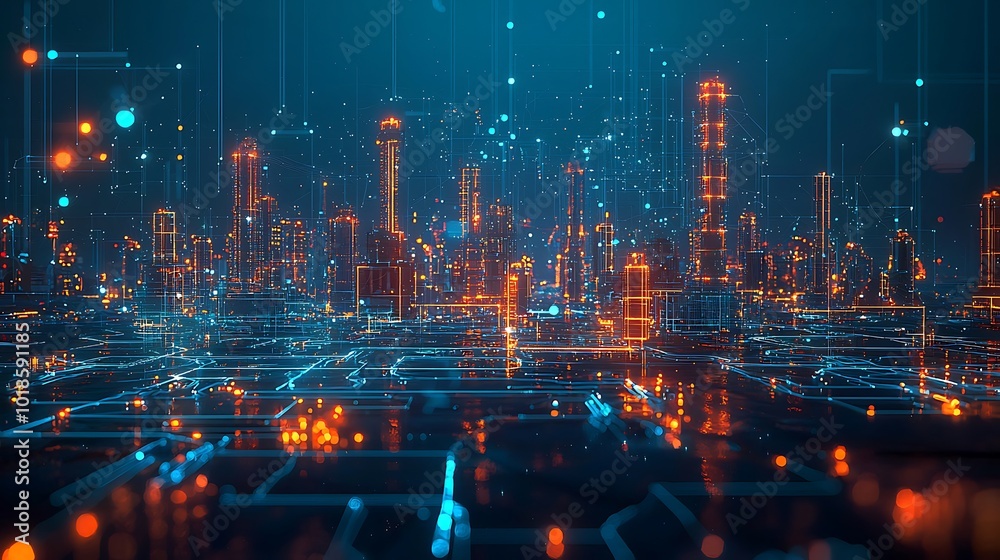 Obraz premium Futuristic Cityscape Connected Network Digital City Abstract Technology 3D Illustratio