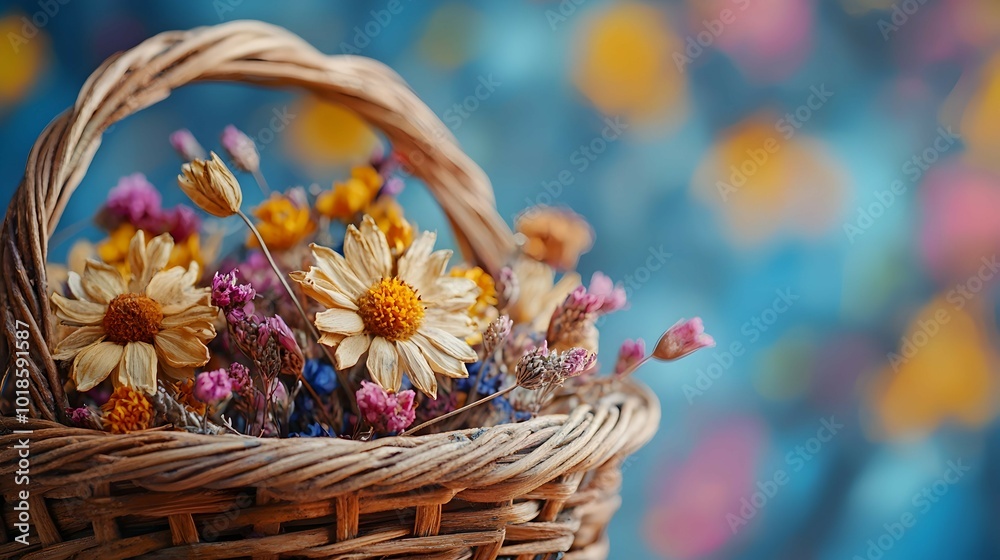 Dried Flowers in Wicker Basket with Colorful Background Dried Flowers in Wicker Basket with Colorful Background