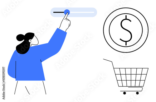 Person adjusting a slider next to a dollar sign and a shopping cart. Ideal for e-commerce, online shopping, financial management, budgeting, digital transactions. Simple minimalist style