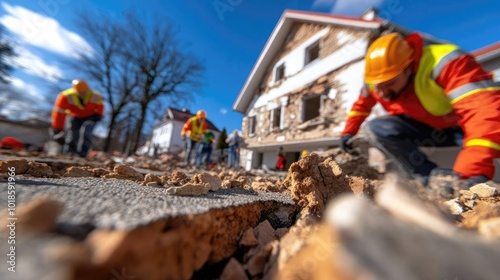 Workers clear debris from a damaged building site after an earthquake during daylight hours