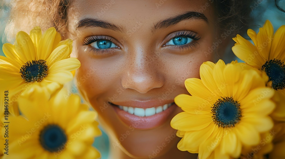 Smiling Face Close-Up with Bright Yellow Flowers Smiling Face Close-Up with Bright Yellow Flowers