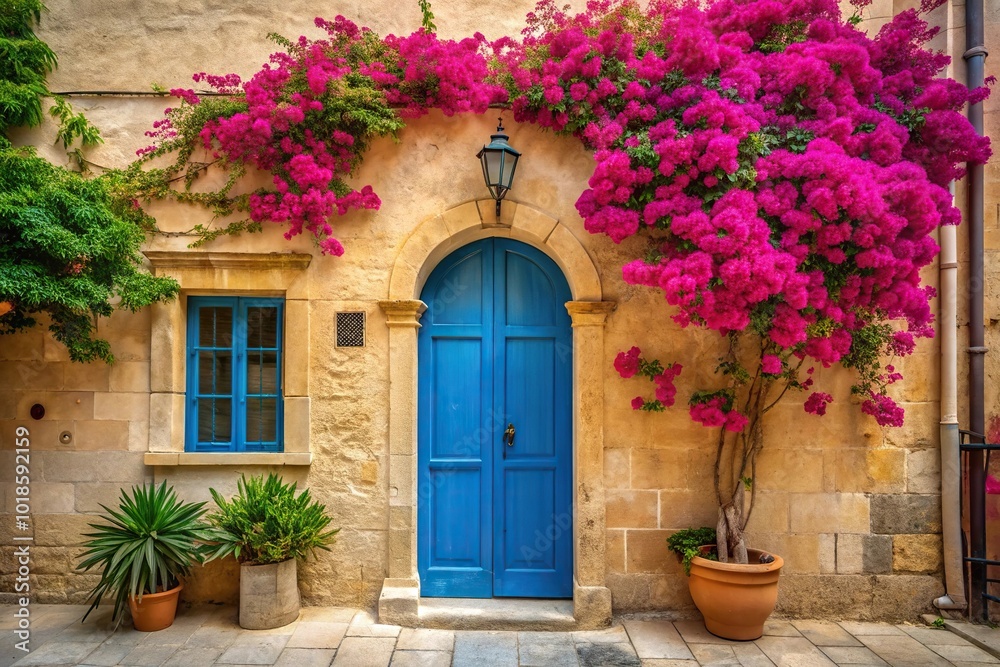 Fototapeta premium Ancient Maltese house with blue wooden door and pink bougainvillea in the wall