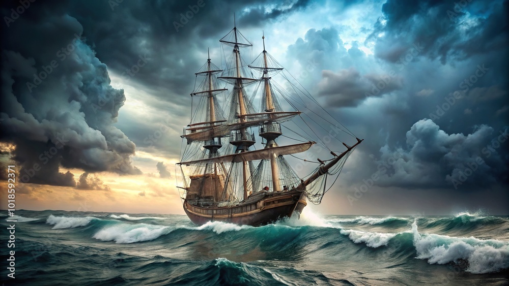 Obraz premium Ancient sailing ship on stormy sea