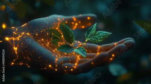 A hand made of glowing shapes holds green leaves, showing a future where technology and nature work together.