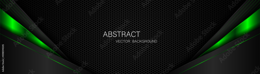 Abstract black and green polygon with green glow lines on dark steel mesh background with free space for design. modern technology innovation concept background