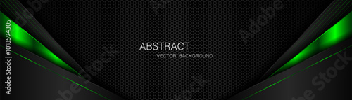 Abstract black and green polygon with green glow lines on dark steel mesh background with free space for design. modern technology innovation concept background