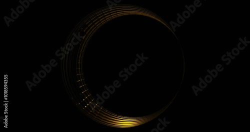 Round abstract crescent frame with gold beam. Glowing blank moon circle illuminated by 3d golden luminous line moving for led shows