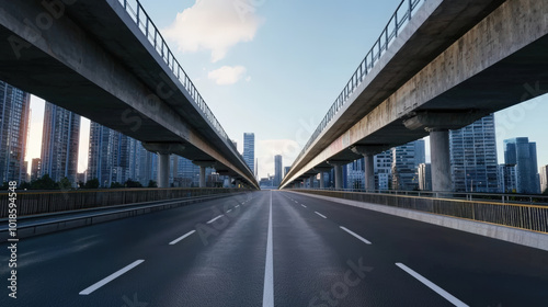 modern urban highway stretches beneath towering concrete overpasses, flanked by sleek skyscrapers. scene captures tranquil moment in bustling city, showcasing architectural beauty and open space