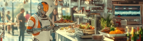 A futuristic robot serving food in a modern restaurant, showcasing advanced technology and culinary delights.