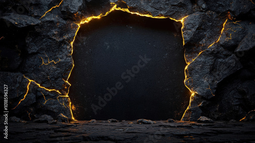 dramatic scene featuring cracked rock wall with glowing edges, creating intriguing opening. contrast between dark stone and bright light evokes sense of mystery and adventure photo