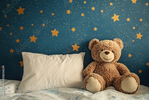 Adorable Teddy Bear on Cozy Bed in a Child's Room. AI generated illustration