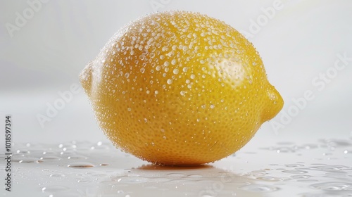 Macro shot of a whole lemon, pure white background, glistening water drops, frosted glass effect, bright and detailed, macro focus.