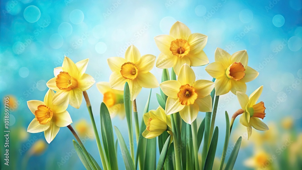 artistic daffodil renderings on light blue background artistic daffodil renderings on light blue background