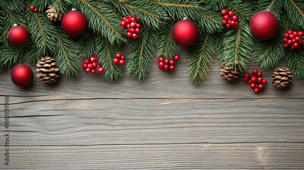 Christmas Decoration with Pine Branches, Baubles, and Berries on Weathered Wood Christmas Decoration with Pine Branches, Baubles, and Berries on Weathered Wood