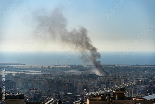 Smoke from Israeli airstrike on Beirut Southern Suburbs, Lebanon amid Hezbollah-Israel conflict in October 2024