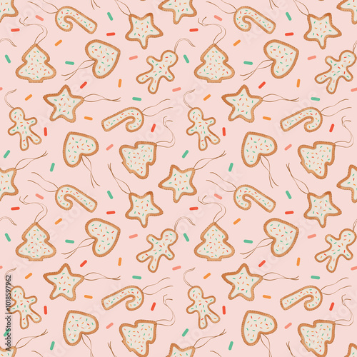 Christmas seamless pattern. Winter festive endless background. Christmas decor image print. Cosy seasonal wallpaper. Perfect for wrapping, stationery, textile, packaging, kitchenware, scrapbooking. 