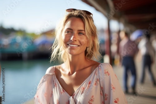 Portrait of a beautiful young woman smiling at the camera while standing on a pier