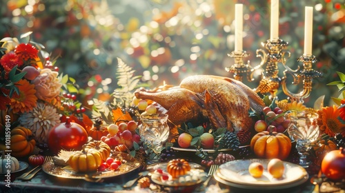Grand Thanksgiving table setting featuring tall candle holders, gold-rimmed plates, polished silverware, and an opulent turkey surrounded by seasonal vegetables in warm, deep tones
