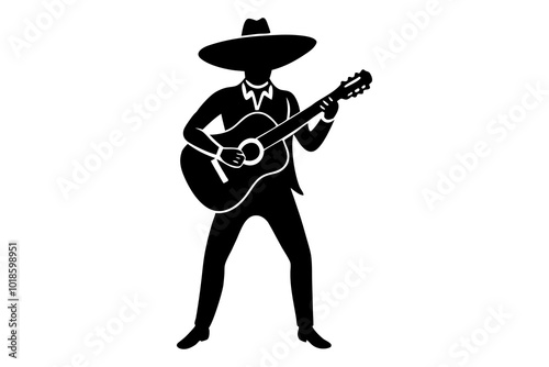 Mexican Mariachi Silhouette of a Musician with Guitar Silhouette Vector Illustration