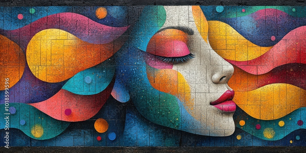 Obraz premium Abstract Mural Depicting a Woman with Flowing Hair and Vibrant Colors