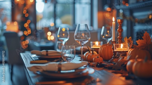 Refined Thanksgiving feast tablescape with pumpkins, artisanal plates, copper utensils, and soft candlelight for a sophisticated restaurant atmosphere