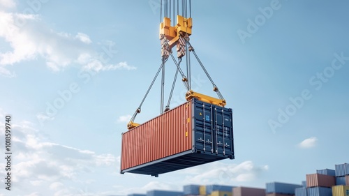 Shipping container being lifted by crane against a blue sky, symbolizing global trade and logistics. photo