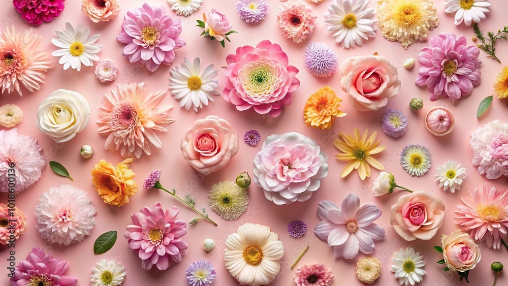 Assorted pastel flowers on pink background Assorted pastel flowers on pink background