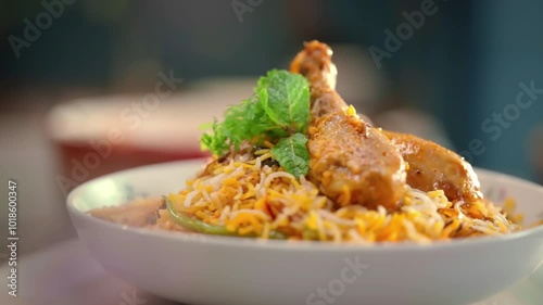 Chicken Biryani in dish and Presenting chicken biryani slow motion
