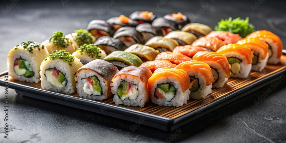 Assortment of sushi rolls on black tray eye level Assortment of sushi rolls on black tray eye level