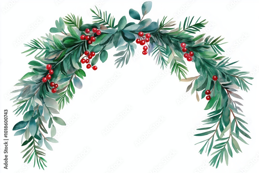 Festive garland with evergreen branches and red berries Festive garland with evergreen branches and red berries
