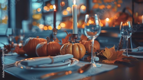 High-end Thanksgiving tablescape featuring gourds, artisanal plates, copper utensils, and soft candlelight creating a refined restaurant ambiance