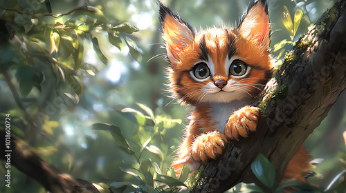 illustration of a cute caracal kitten in the forest