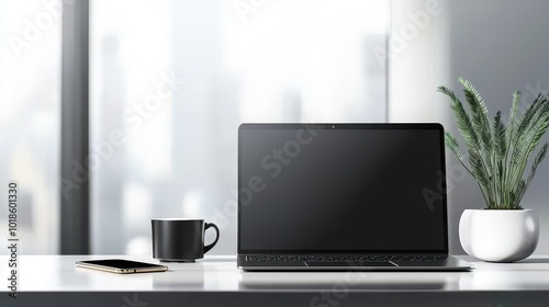 A laptop mockup in a modern office setting, screen ready for custom content, with a smartphone and cup of coffee beside it.